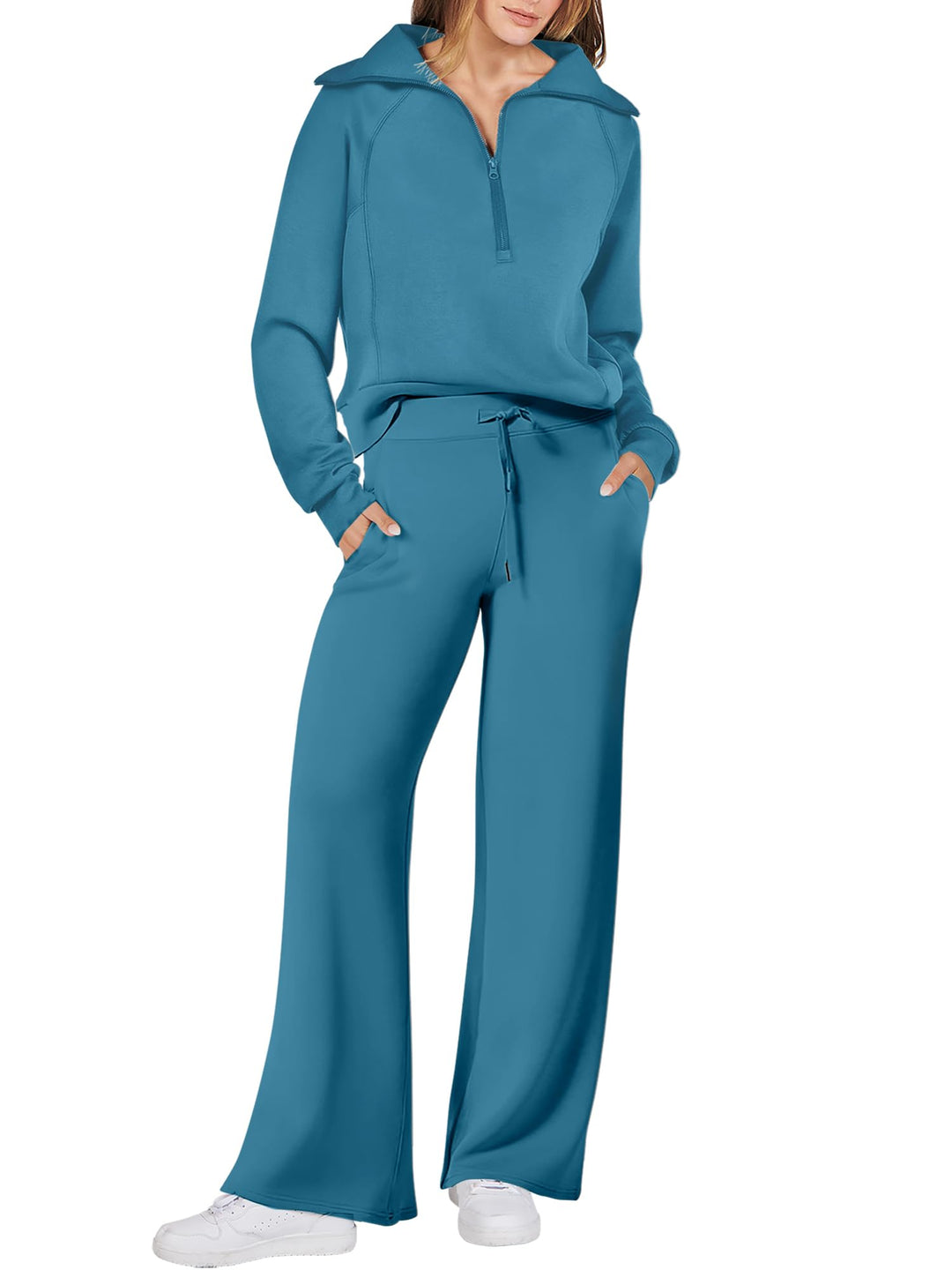 ANRABESS 2 Piece Outfits for Women Half Zip Sweatshirt & Wide Leg Pants Airport Travel Lounge Matching Fall Winter Sets Sweatsuits Clothing