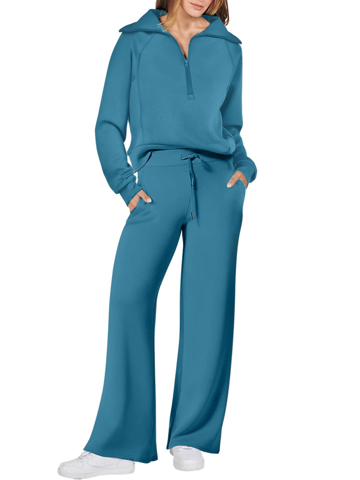 ANRABESS 2 Piece Outfits for Women Half Zip Sweatshirt & Wide Leg Pants Airport Travel Lounge Matching Fall Winter Sets Sweatsuits Clothing