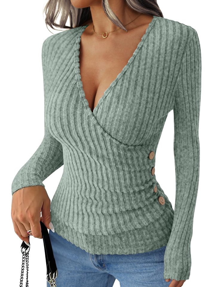 ANRABESS Long Sleeve V Neck Shirts for Women Ribbed Knit Slim Fit Wrap Top Comfy Soft Sexy Sweater Spring Fall Winter Dressy Casual Clothes