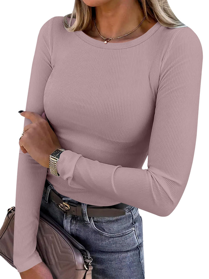 ANRABESS Long Sleeve Shirts for Women Ribbed Knit Slim Fit Basic Tops Crewneck Tees Spring Fall Casual Underscrubs Layer Clothes