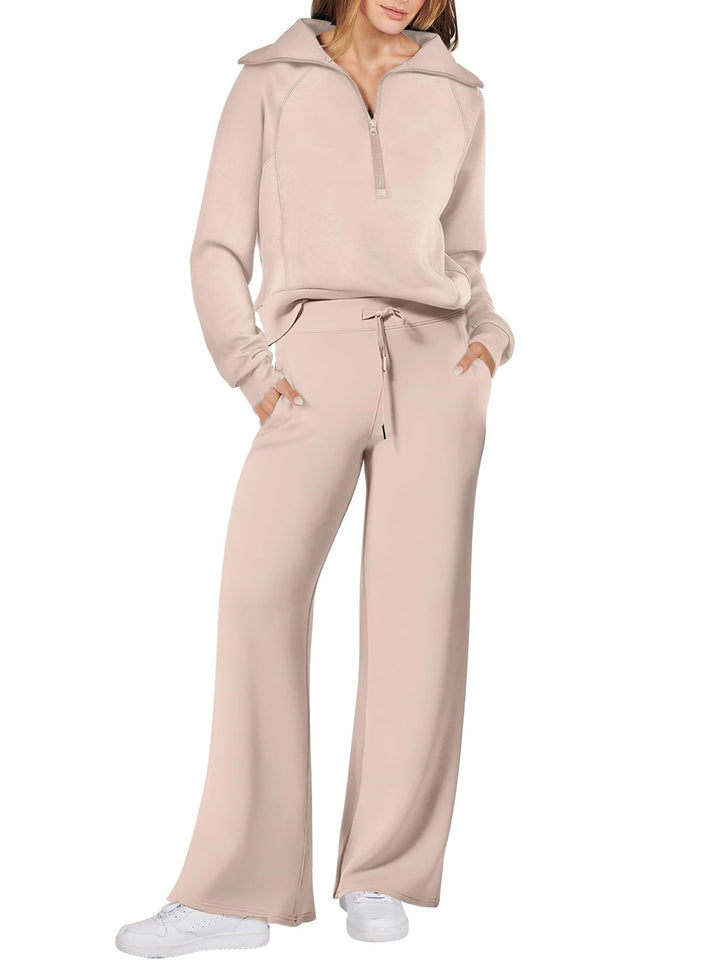 ANRABESS 2 Piece Outfits for Women Half Zip Sweatshirt & Wide Leg Pants Airport Travel Lounge Matching Fall Winter Sets Sweatsuits Clothing