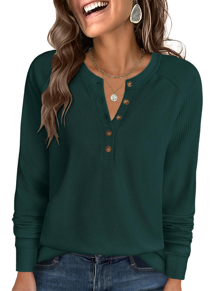 ANRABESS Long Sleeve Waffle Knit Shirts for Women Spring Fall Dressy Casual Button Up V Neck Henley Tops Loose Basic Tees Winter Clothes