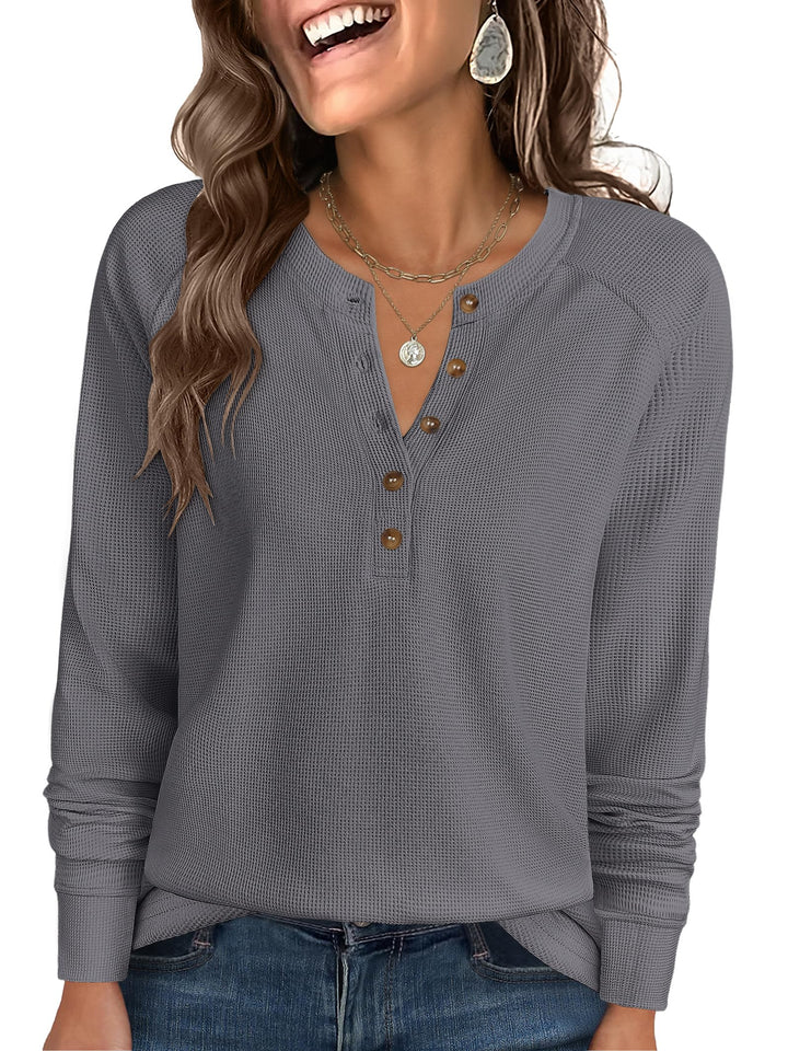 ANRABESS Long Sleeve Waffle Knit Shirts for Women Spring Fall Dressy Casual Button Up V Neck Henley Tops Loose Basic Tees Winter Clothes
