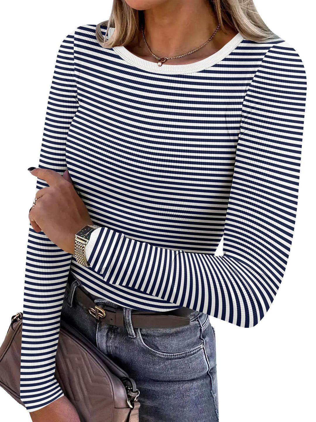 ANRABESS Long Sleeve Shirts for Women Ribbed Knit Slim Fit Basic Tops Crewneck Tees Spring Fall Casual Underscrubs Layer Clothes
