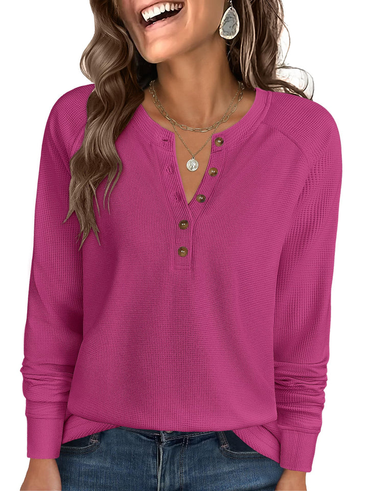 ANRABESS Long Sleeve Waffle Knit Shirts for Women Spring Fall Dressy Casual Button Up V Neck Henley Tops Loose Basic Tees Winter Clothes