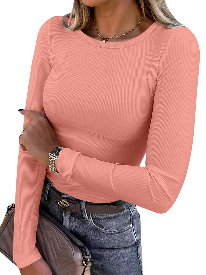 ANRABESS Long Sleeve Shirts for Women Ribbed Knit Slim Fit Basic Tops Crewneck Tees Spring Fall Casual Underscrubs Layer Clothes
