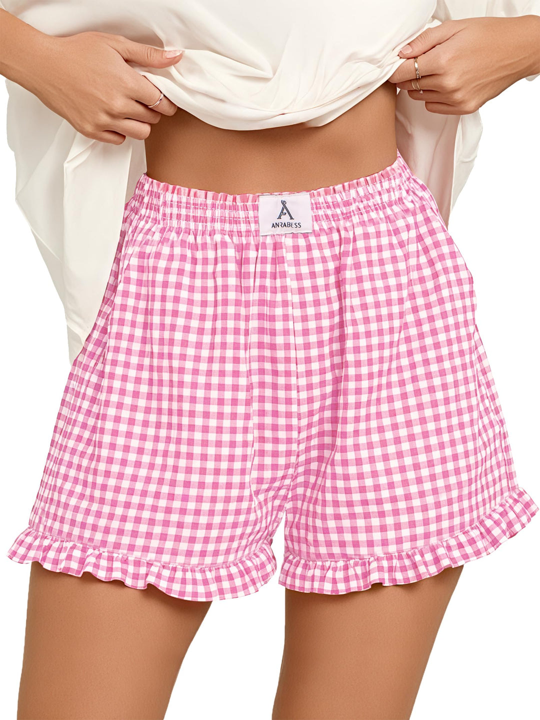ANRABESS Womens Ruffle Boxer Shorts Pajama Gingham Shorts Summer Casual Lounge Sleep Plaid Beach Bottoms Pockets 2026 Trendy