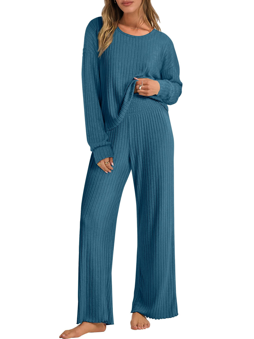 ANRABESS Women 2 Piece Lounge Pajamas Sets Casual Ribbed Knit Long Sleeve Top Pants Matching Set 2026 Fall Outfits Clothes