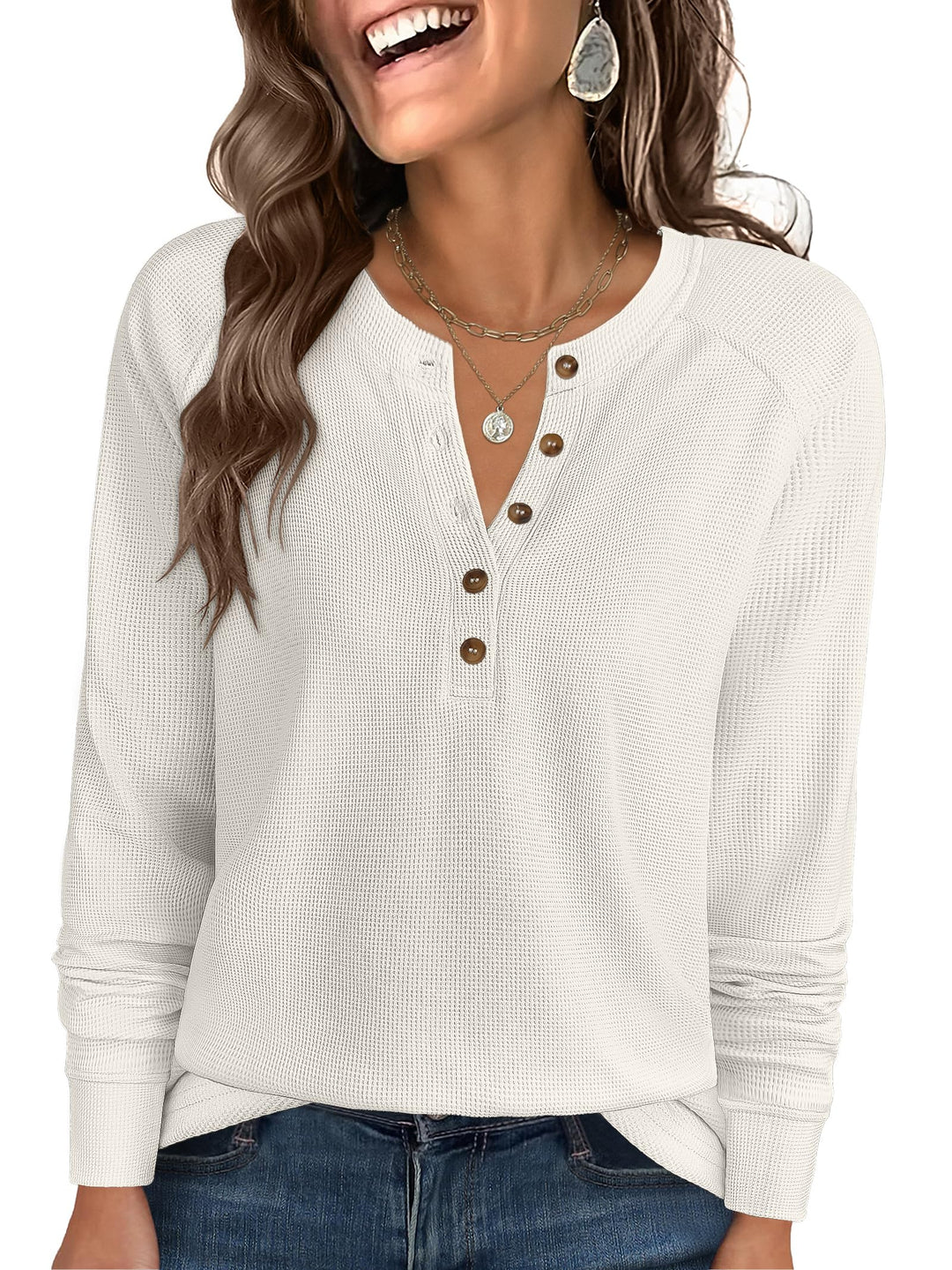 ANRABESS Long Sleeve Waffle Knit Shirts for Women Spring Fall Dressy Casual Button Up V Neck Henley Tops Loose Basic Tees Winter Clothes