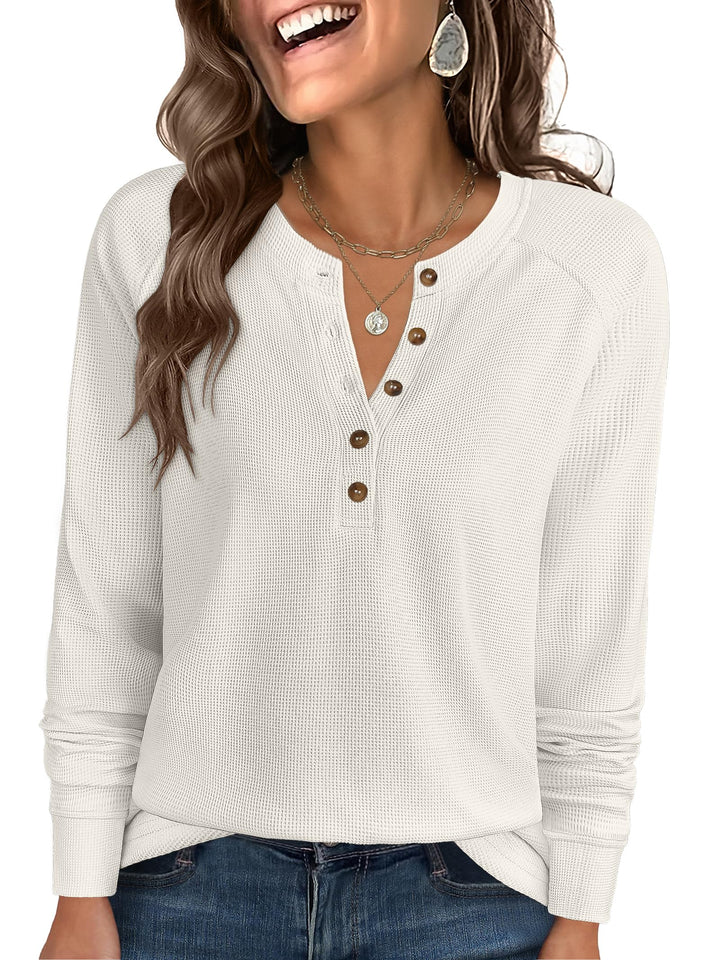 ANRABESS Long Sleeve Waffle Knit Shirts for Women Spring Fall Dressy Casual Button Up V Neck Henley Tops Loose Basic Tees Winter Clothes