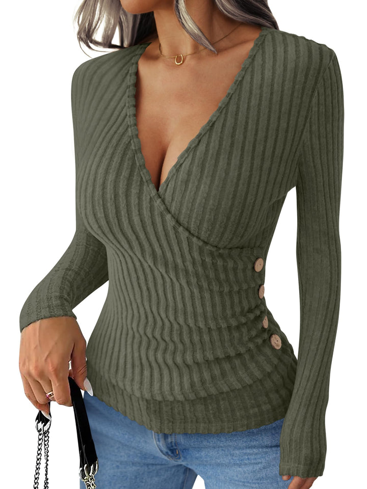 ANRABESS Long Sleeve V Neck Shirts for Women Ribbed Knit Slim Fit Wrap Top Comfy Soft Sexy Sweater Spring Fall Winter Dressy Casual Clothes