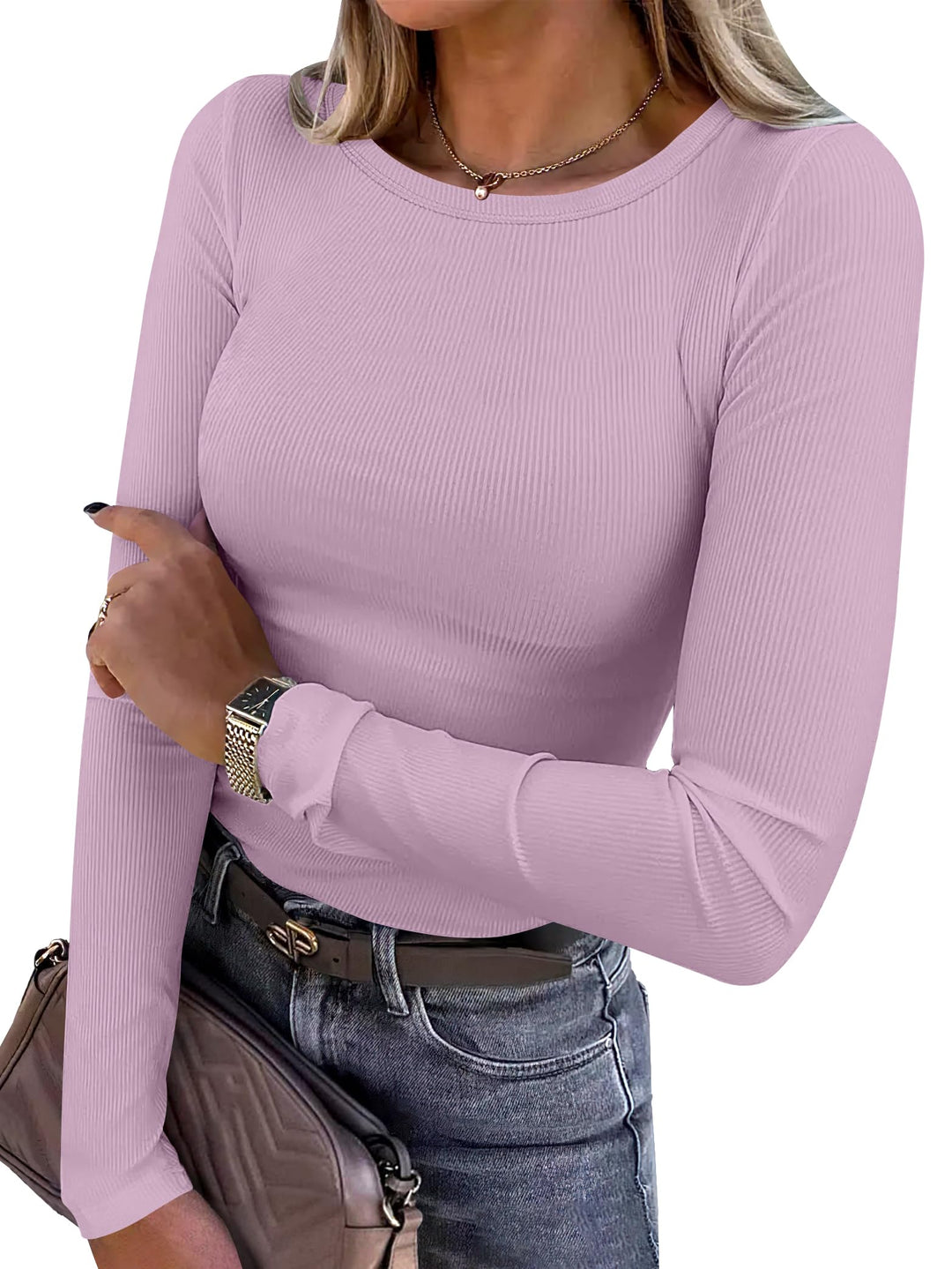 ANRABESS Long Sleeve Shirts for Women Ribbed Knit Slim Fit Basic Tops Crewneck Tees Spring Fall Casual Underscrubs Layer Clothes