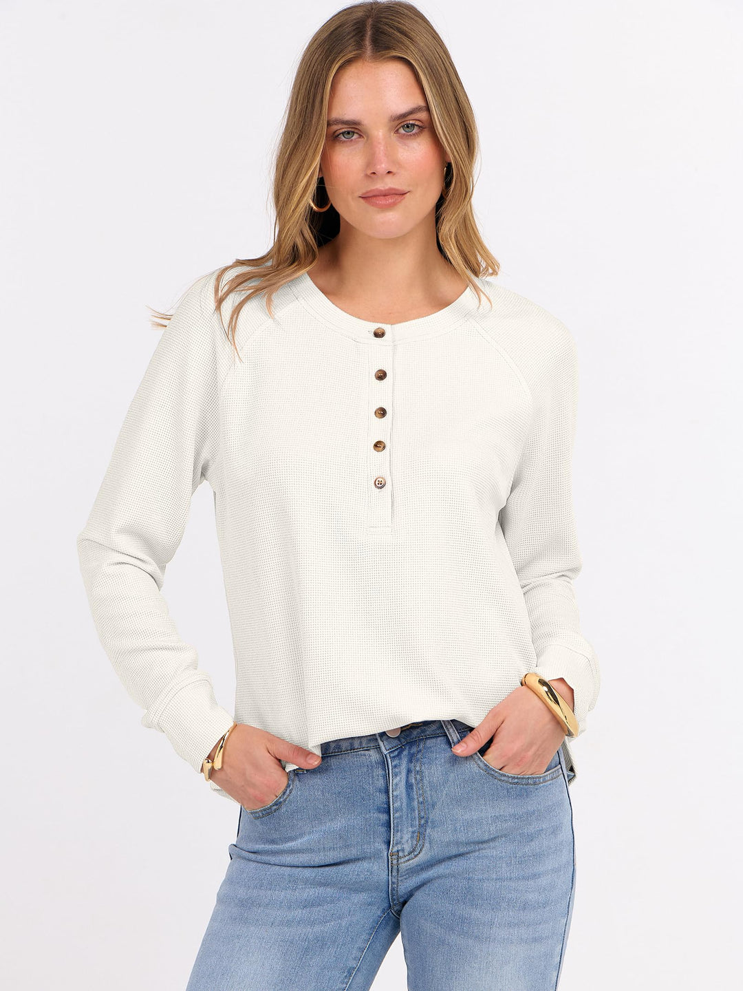ANRABESS Long Sleeve Waffle Knit Shirts for Women Spring Fall Dressy Casual Button Up V Neck Henley Tops Loose Basic Tees Winter Clothes