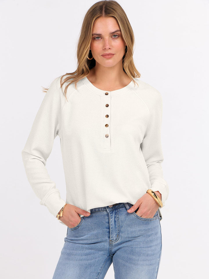 ANRABESS Long Sleeve Waffle Knit Shirts for Women Spring Fall Dressy Casual Button Up V Neck Henley Tops Loose Basic Tees Winter Clothes