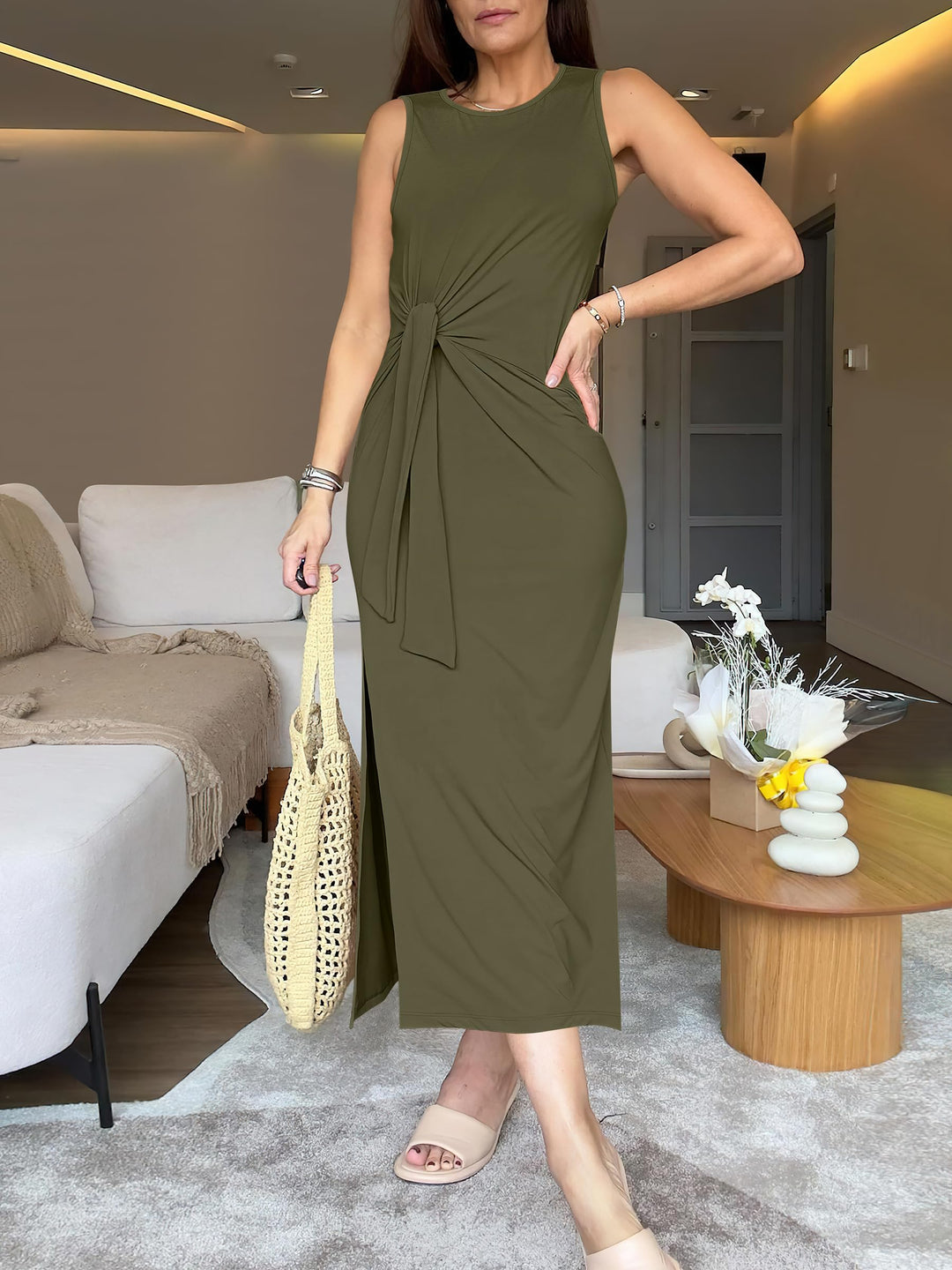ANRABESS Maxi Dresses for Women 2026 Summer Tie Waist Split Midi Dresses Sleeveless Crewneck Slim Fit Long Tank Dress Casual Travel Beach Tshirt Dress