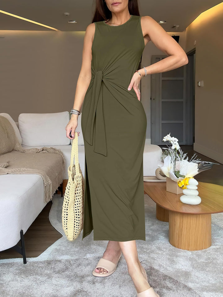 ANRABESS Maxi Dresses for Women 2026 Summer Tie Waist Split Midi Dresses Sleeveless Crewneck Slim Fit Long Tank Dress Casual Travel Beach Tshirt Dress
