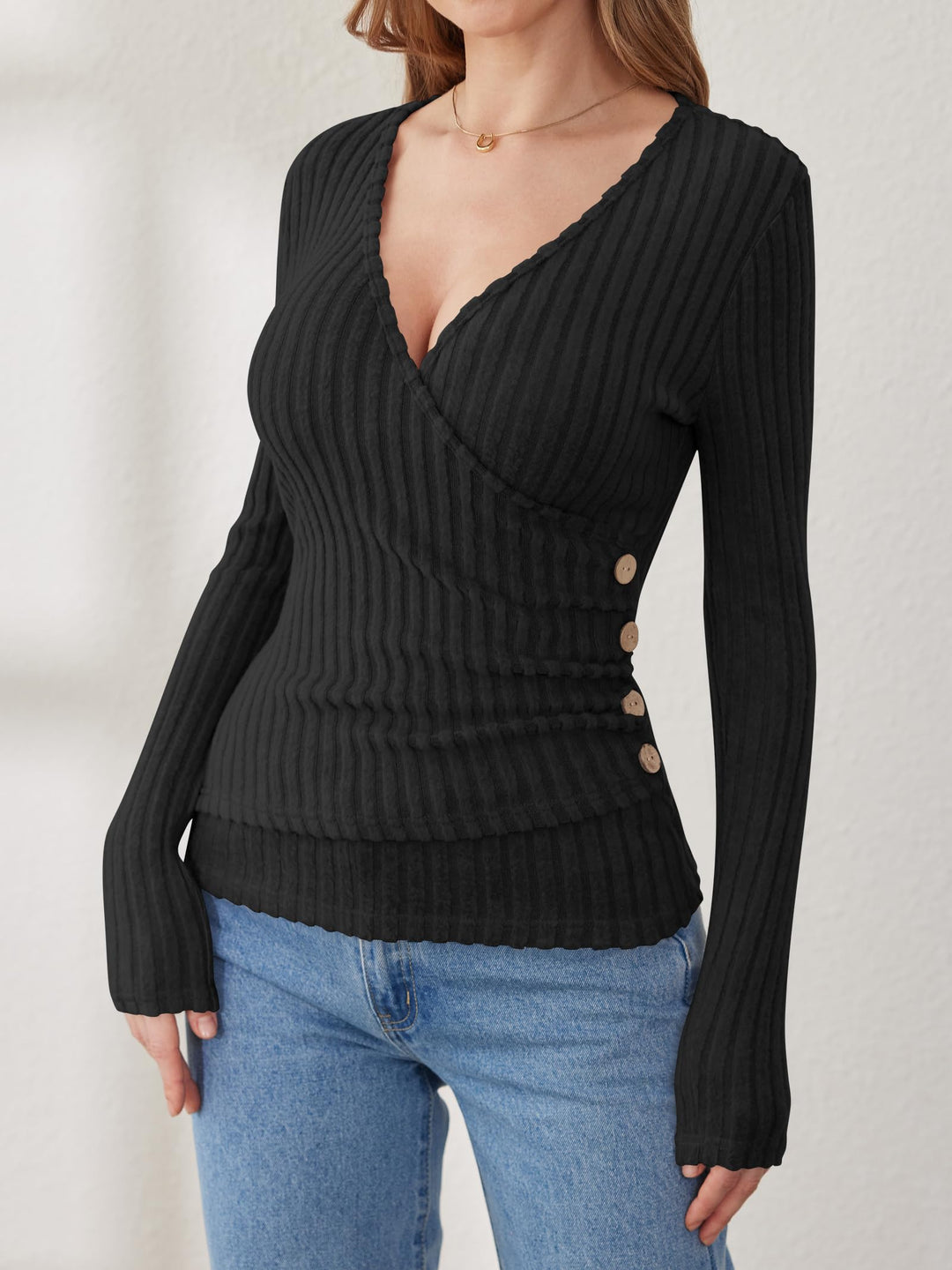 ANRABESS Long Sleeve V Neck Shirts for Women Ribbed Knit Slim Fit Wrap Top Comfy Soft Sexy Sweater Spring Fall Winter Dressy Casual Clothes
