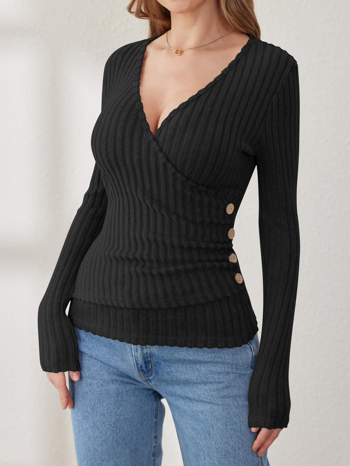 ANRABESS Long Sleeve V Neck Shirts for Women Ribbed Knit Slim Fit Wrap Top Comfy Soft Sexy Sweater Spring Fall Winter Dressy Casual Clothes
