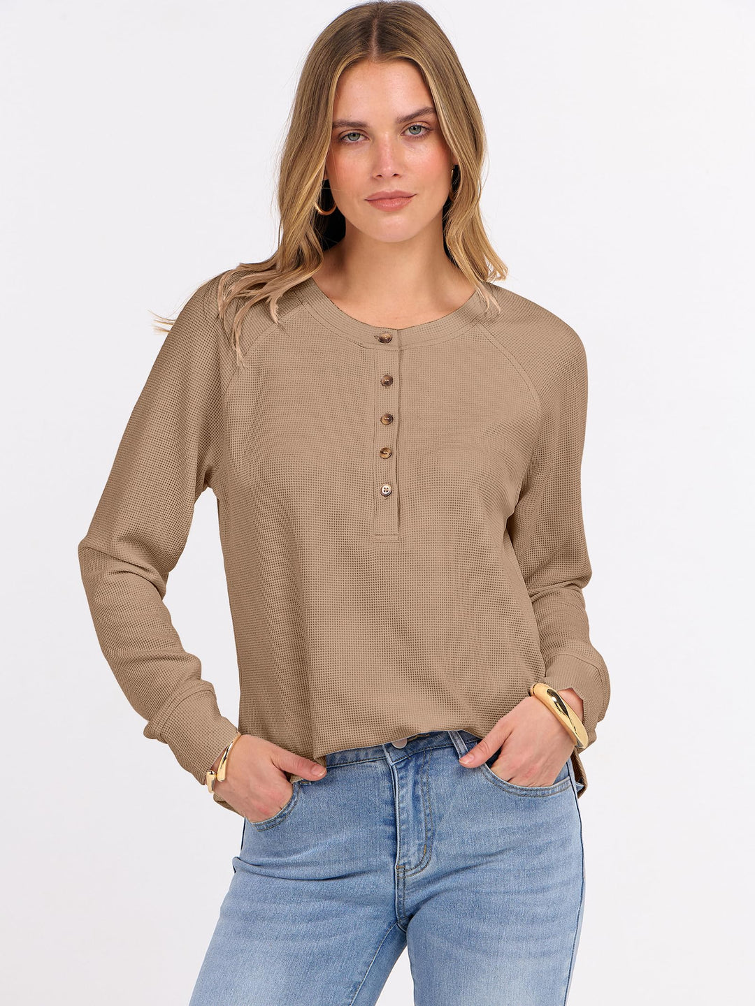 ANRABESS Long Sleeve Waffle Knit Shirts for Women Spring Fall Dressy Casual Button Up V Neck Henley Tops Loose Basic Tees Winter Clothes