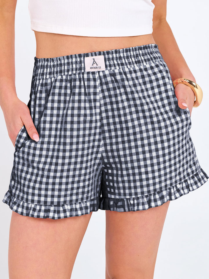 ANRABESS Womens Ruffle Boxer Shorts Pajama Gingham Shorts Summer Casual Lounge Sleep Plaid Beach Bottoms Pockets 2026 Trendy