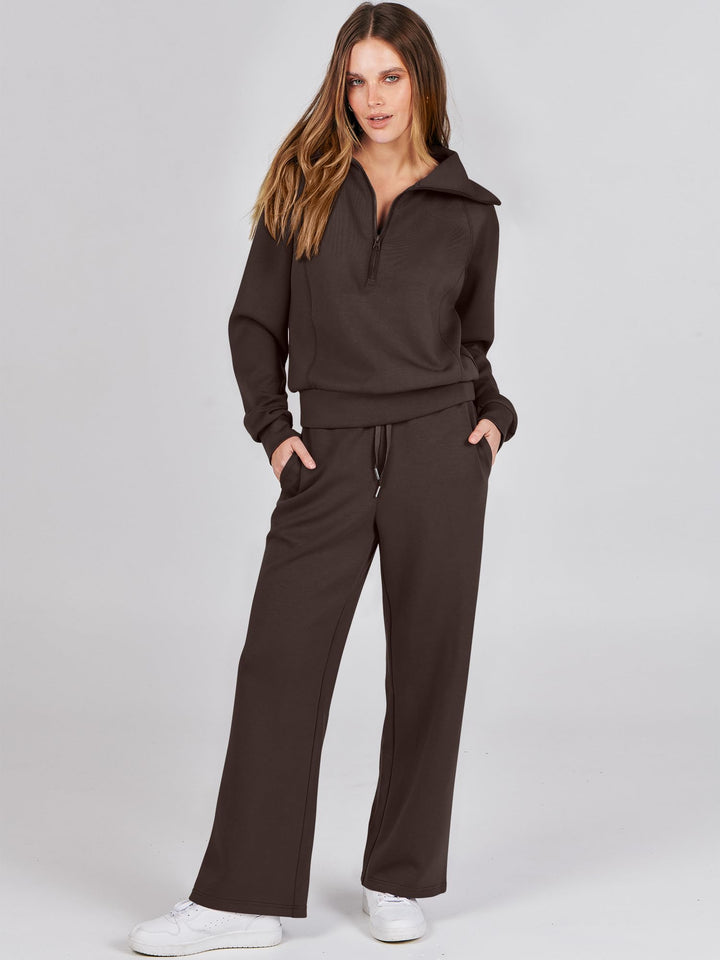 ANRABESS 2 Piece Outfits for Women Half Zip Sweatshirt & Wide Leg Pants Airport Travel Lounge Matching Fall Winter Sets Sweatsuits Clothing