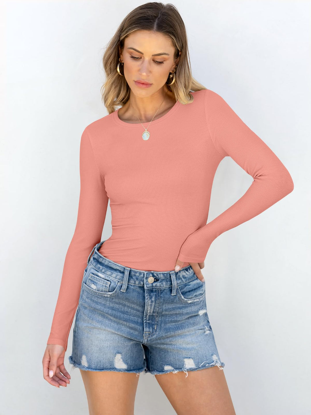 ANRABESS Long Sleeve Shirts for Women Ribbed Knit Slim Fit Basic Tops Crewneck Tees Spring Fall Casual Underscrubs Layer Clothes
