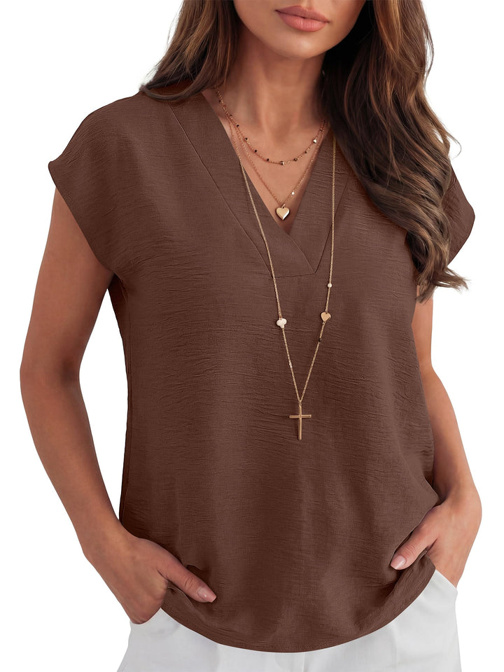 ANRABESS Women Tops V Neck T Shirts Cap Sleeve Business Casual Tops for Women Summer Loose Fit Dressy Work Office Blouses Cute Clothes Trendy Outfits