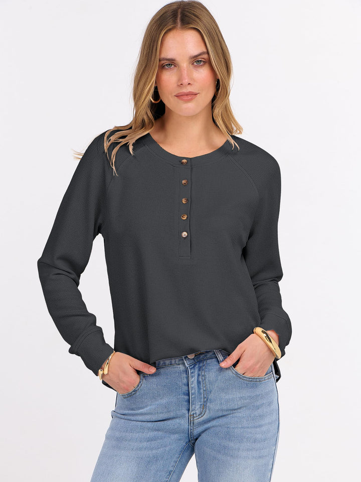 ANRABESS Long Sleeve Waffle Knit Shirts for Women Spring Fall Dressy Casual Button Up V Neck Henley Tops Loose Basic Tees Winter Clothes