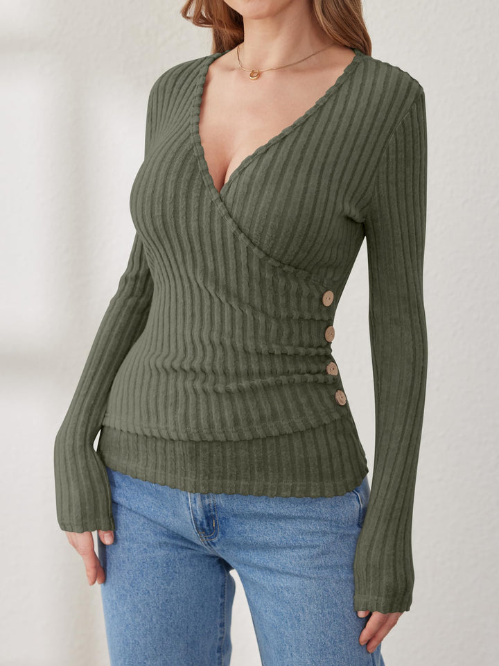 ANRABESS Long Sleeve V Neck Shirts for Women Ribbed Knit Slim Fit Wrap Top Comfy Soft Sexy Sweater Spring Fall Winter Dressy Casual Clothes