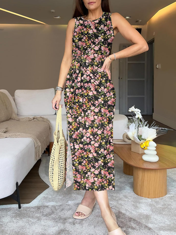 ANRABESS Maxi Dresses for Women 2026 Summer Tie Waist Split Midi Dresses Sleeveless Crewneck Slim Fit Long Tank Dress Casual Travel Beach Tshirt Dress