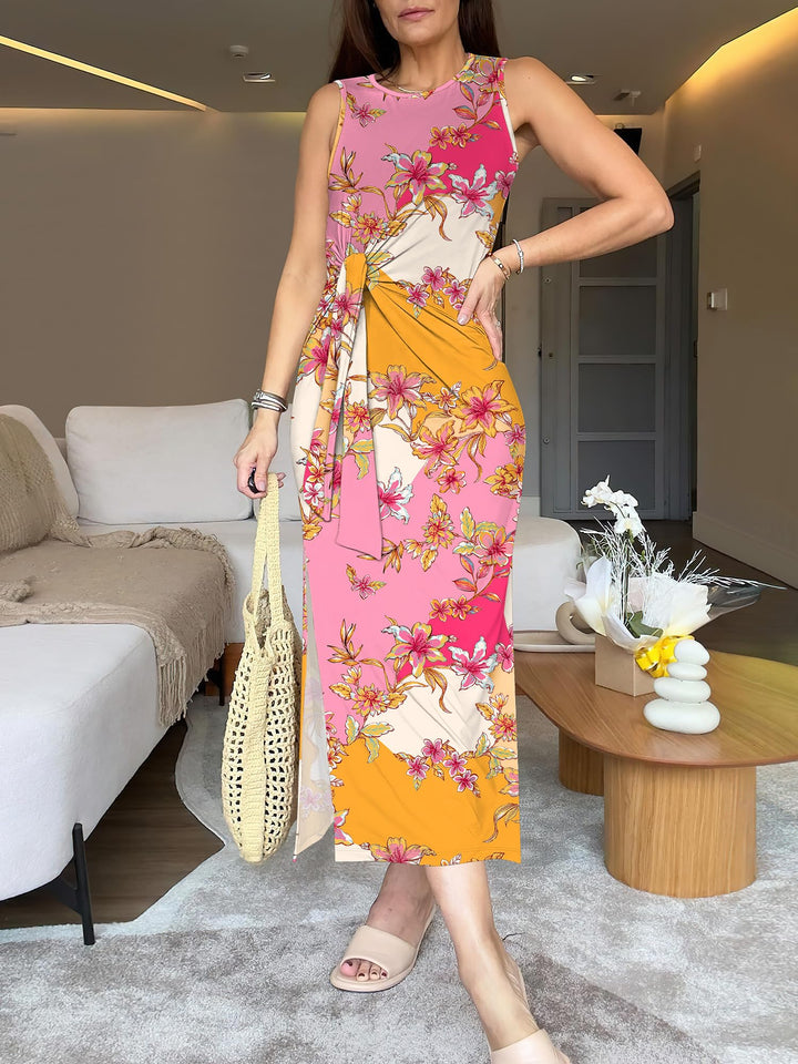 ANRABESS Maxi Dresses for Women 2026 Summer Tie Waist Split Midi Dresses Sleeveless Crewneck Slim Fit Long Tank Dress Casual Travel Beach Tshirt Dress