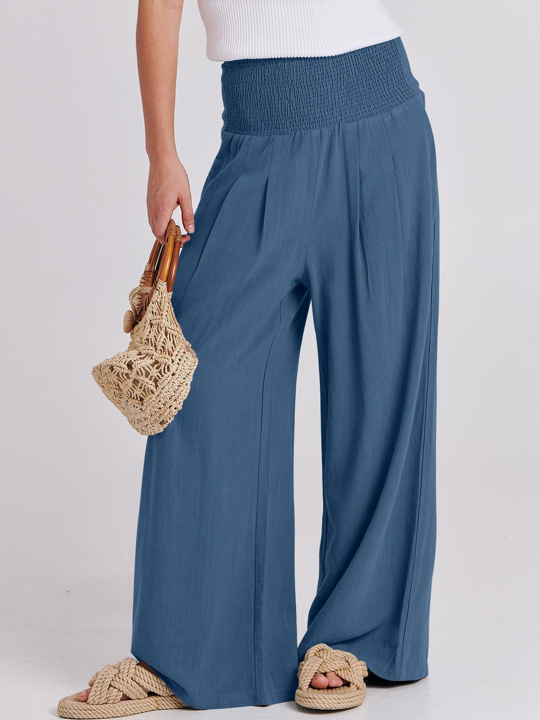 ANRABESS Linen Wide Leg Pants for Women Summer Boho High Waist Palazzo Pants Beach Lounge Casual Trousers with Pockets Vacation Clothes