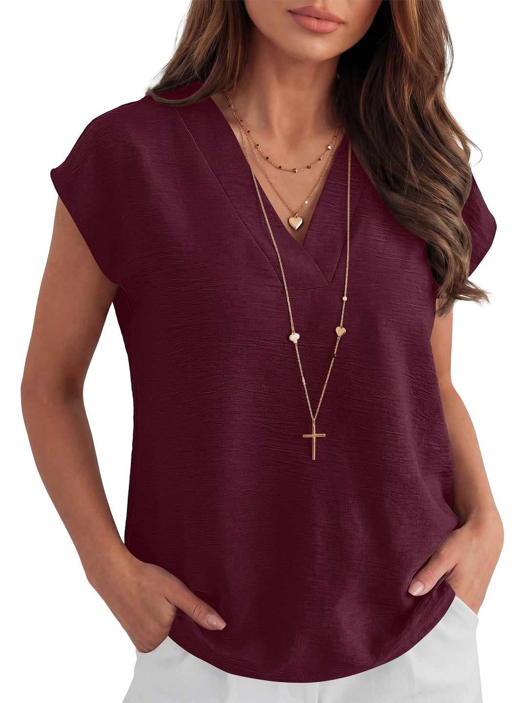 ANRABESS Women Tops V Neck T Shirts Cap Sleeve Business Casual Tops for Women Summer Loose Fit Dressy Work Office Blouses Cute Clothes Trendy Outfits