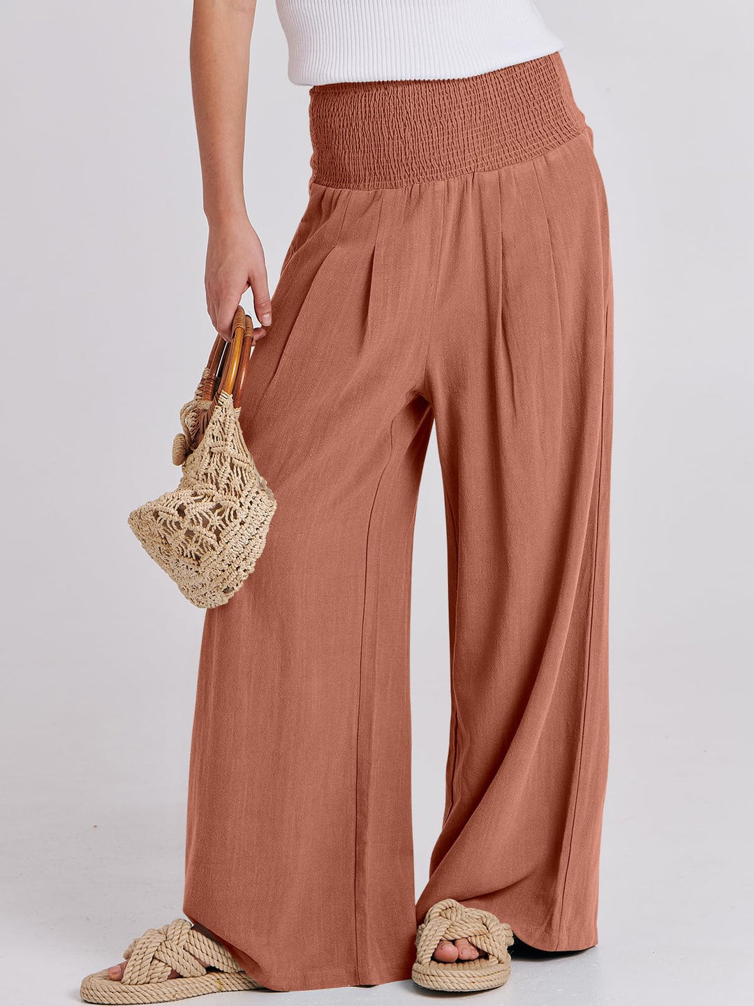 ANRABESS Linen Wide Leg Pants for Women Summer Boho High Waist Palazzo Pants Beach Lounge Casual Trousers with Pockets Vacation Clothes