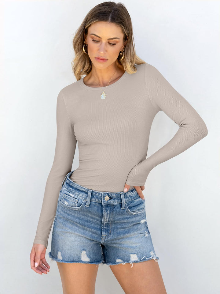 ANRABESS Long Sleeve Shirts for Women Ribbed Knit Slim Fit Basic Tops Crewneck Tees Spring Fall Casual Underscrubs Layer Clothes