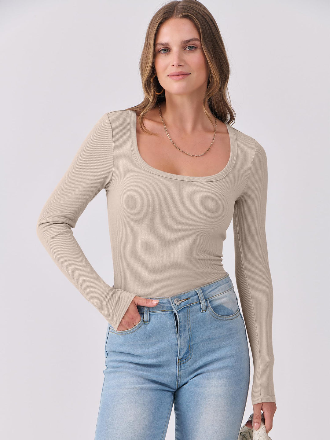 ANRABESS Long Sleeve Shirts for Women Ribbed Knit Slim Fitted Casual Tops Scoop Neck Basic Tee Spring Fall Fashion Clothes
