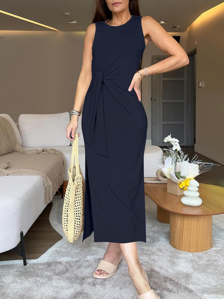 ANRABESS Maxi Dresses for Women 2026 Summer Tie Waist Split Midi Dresses Sleeveless Crewneck Slim Fit Long Tank Dress Casual Travel Beach Tshirt Dress