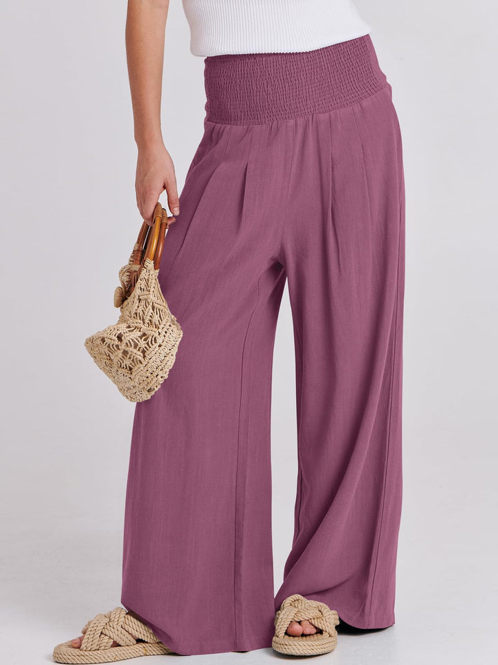 ANRABESS Linen Wide Leg Pants for Women Summer Boho High Waist Palazzo Pants Beach Lounge Casual Trousers with Pockets Vacation Clothes