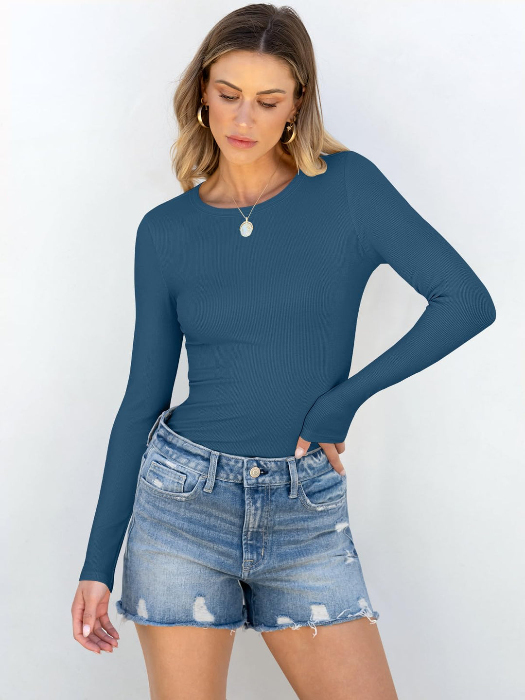 ANRABESS Long Sleeve Shirts for Women Ribbed Knit Slim Fit Basic Tops Crewneck Tees Spring Fall Casual Underscrubs Layer Clothes