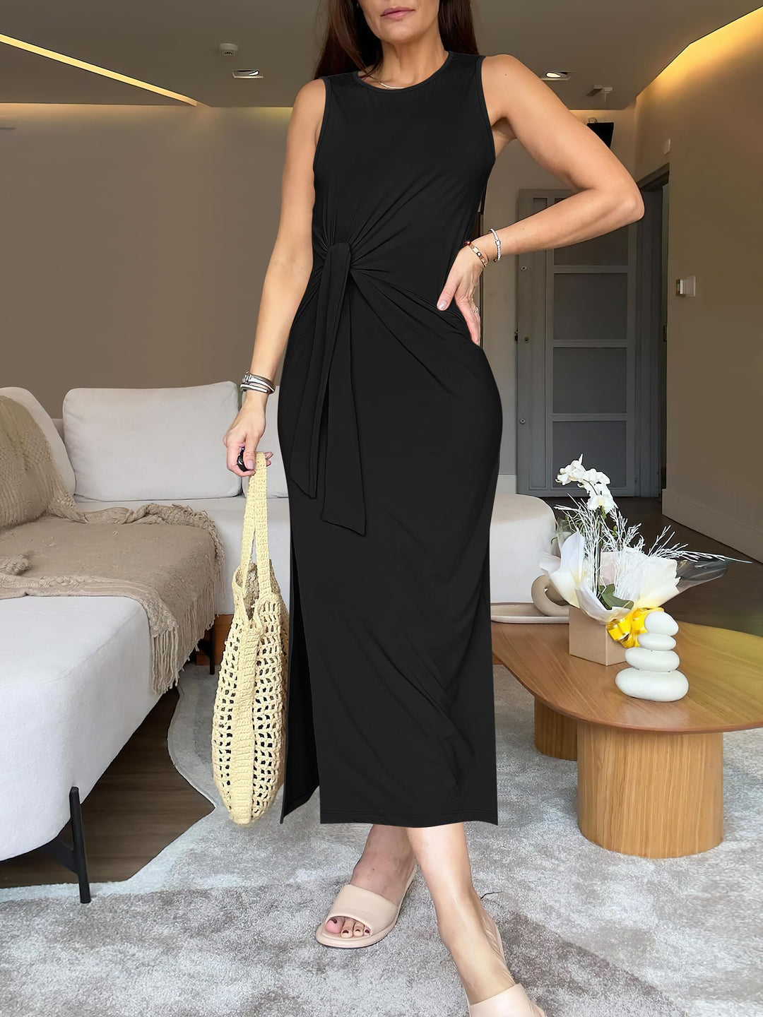 ANRABESS Maxi Dresses for Women 2026 Summer Tie Waist Split Midi Dresses Sleeveless Crewneck Slim Fit Long Tank Dress Casual Travel Beach Tshirt Dress