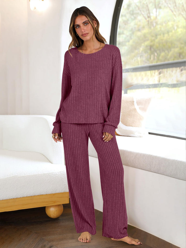 ANRABESS Women 2 Piece Lounge Pajamas Sets Casual Ribbed Knit Long Sleeve Top Pants Matching Set 2026 Fall Outfits Clothes