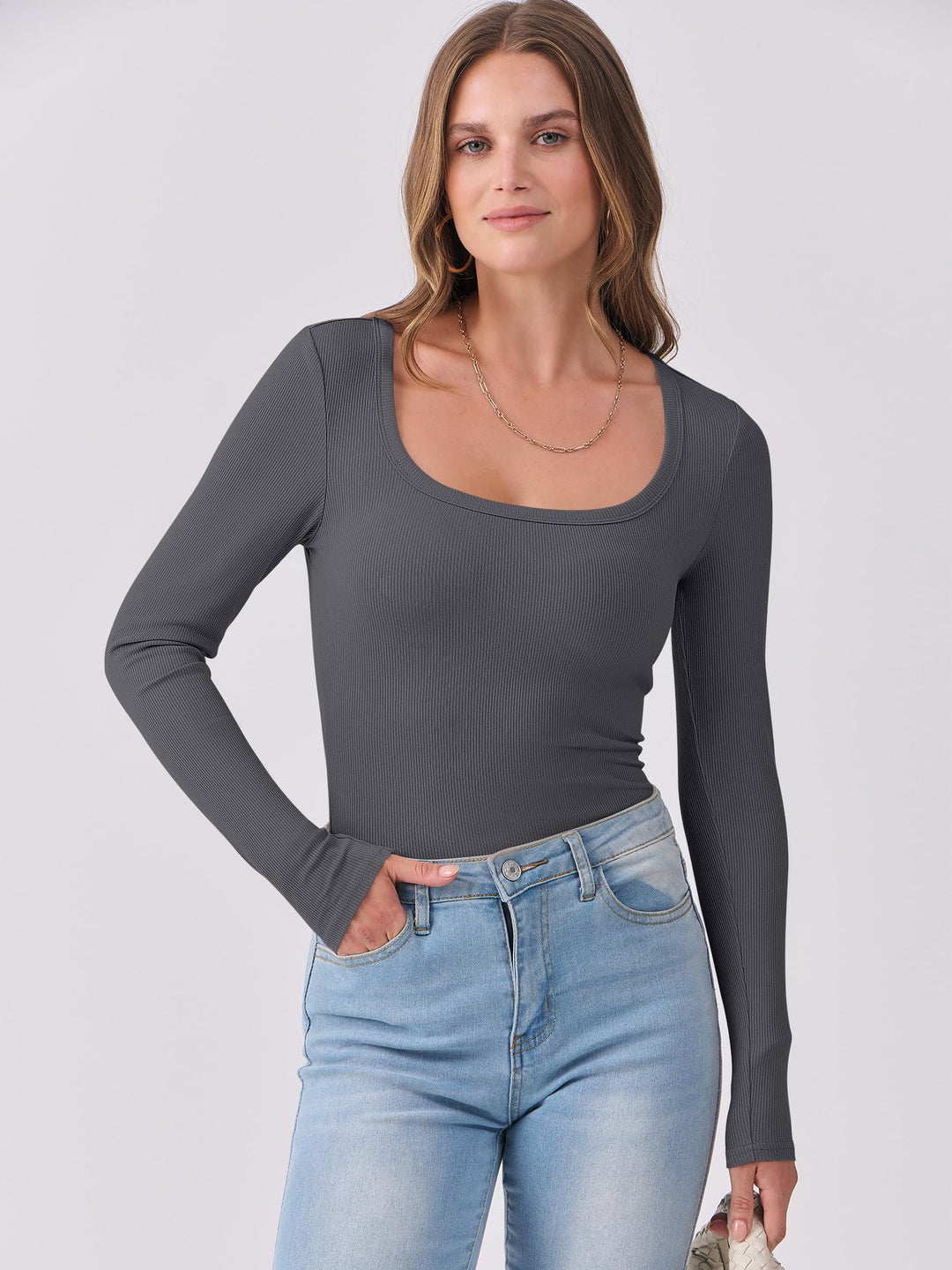 ANRABESS Long Sleeve Shirts for Women Ribbed Knit Slim Fitted Casual Tops Scoop Neck Basic Tee Spring Fall Fashion Clothes