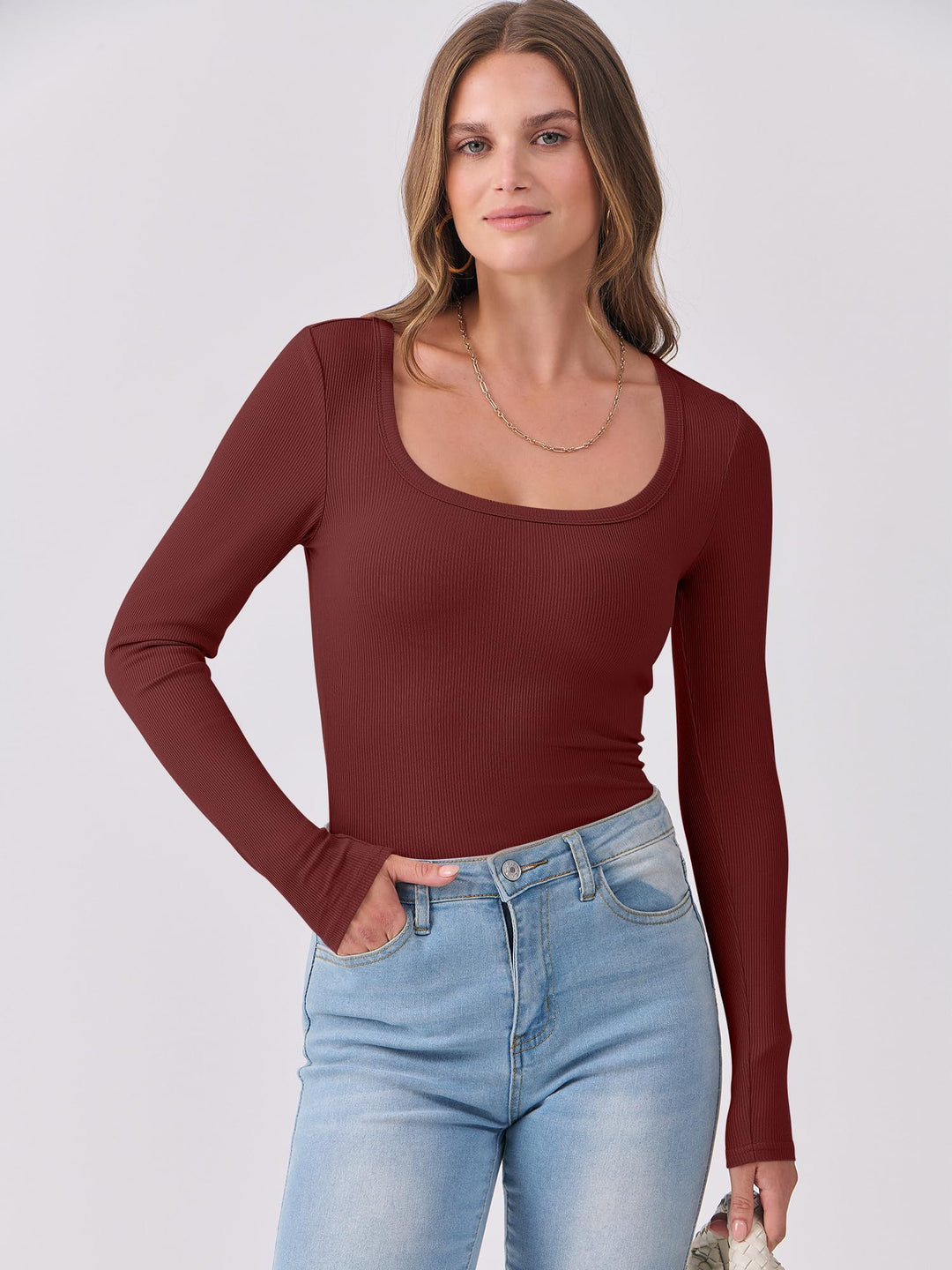 ANRABESS Long Sleeve Shirts for Women Ribbed Knit Slim Fitted Casual Tops Scoop Neck Basic Tee Spring Fall Fashion Clothes