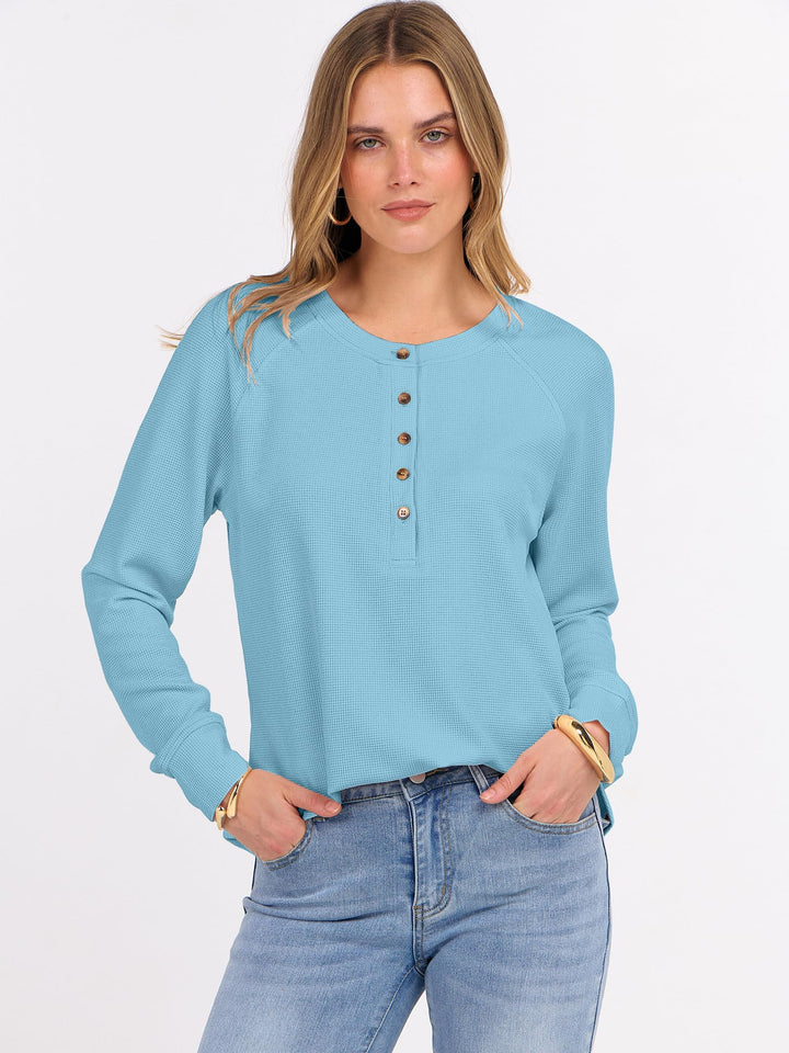 ANRABESS Long Sleeve Waffle Knit Shirts for Women Spring Fall Dressy Casual Button Up V Neck Henley Tops Loose Basic Tees Winter Clothes