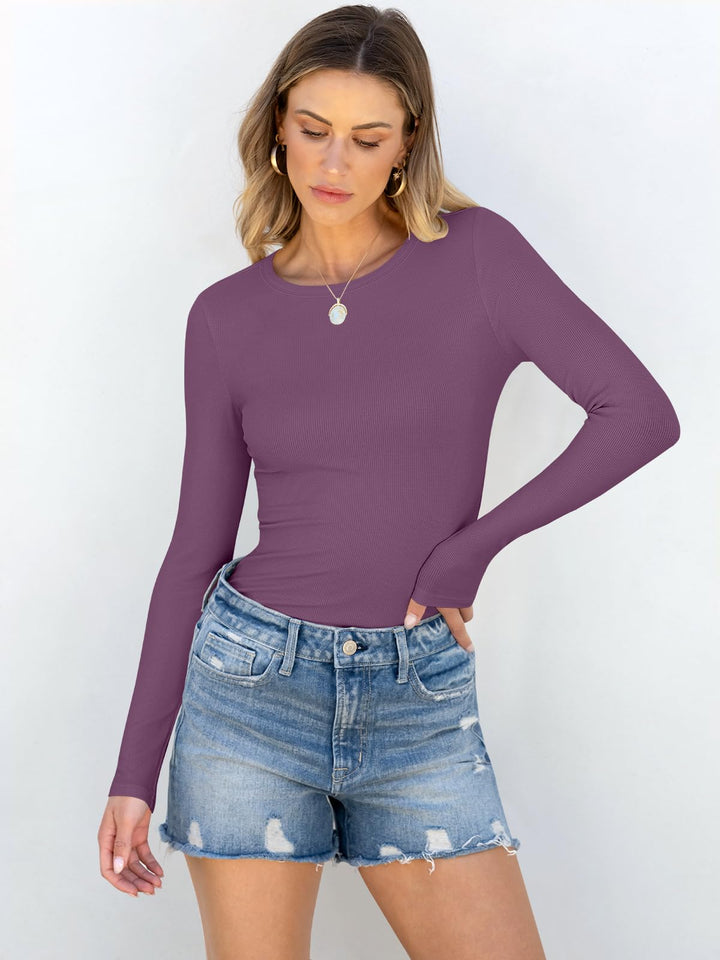 ANRABESS Long Sleeve Shirts for Women Ribbed Knit Slim Fit Basic Tops Crewneck Tees Spring Fall Casual Underscrubs Layer Clothes