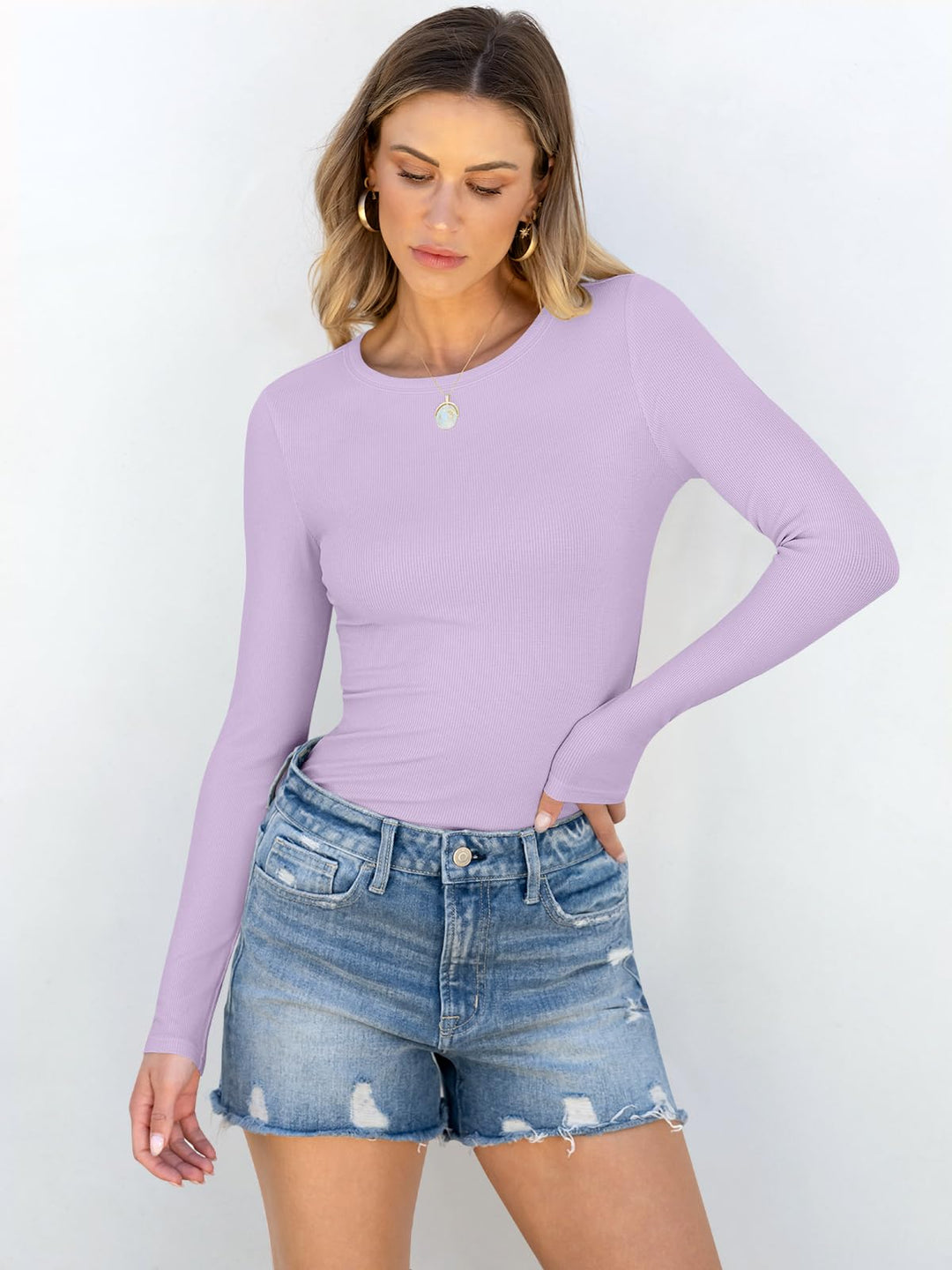 ANRABESS Long Sleeve Shirts for Women Ribbed Knit Slim Fit Basic Tops Crewneck Tees Spring Fall Casual Underscrubs Layer Clothes