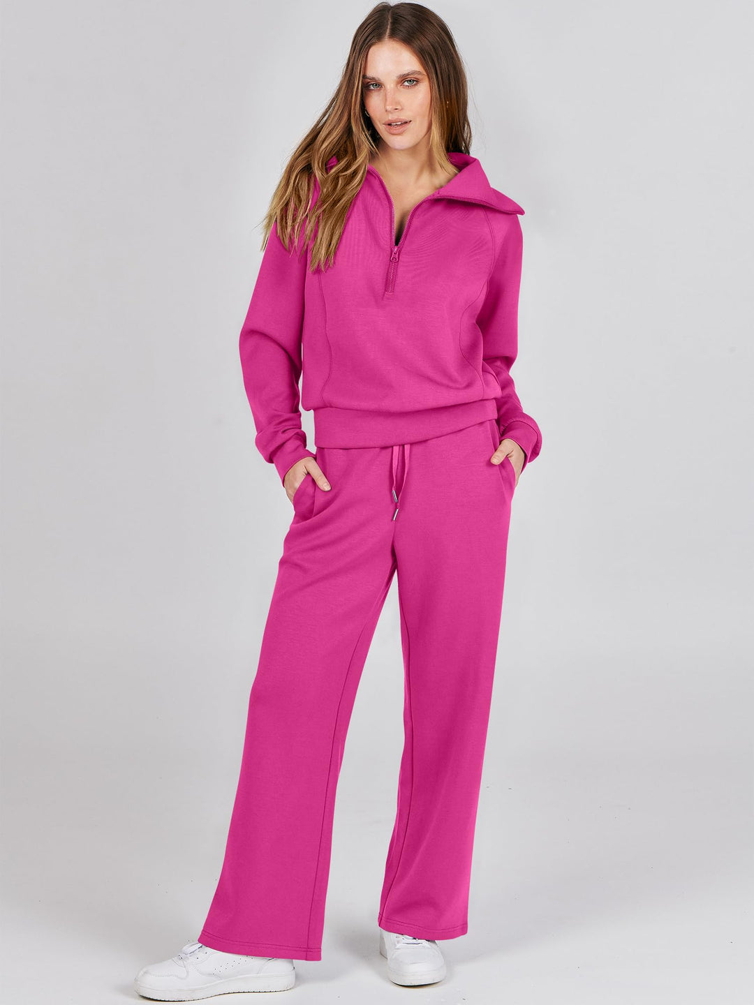 ANRABESS 2 Piece Outfits for Women Half Zip Sweatshirt & Wide Leg Pants Airport Travel Lounge Matching Fall Winter Sets Sweatsuits Clothing