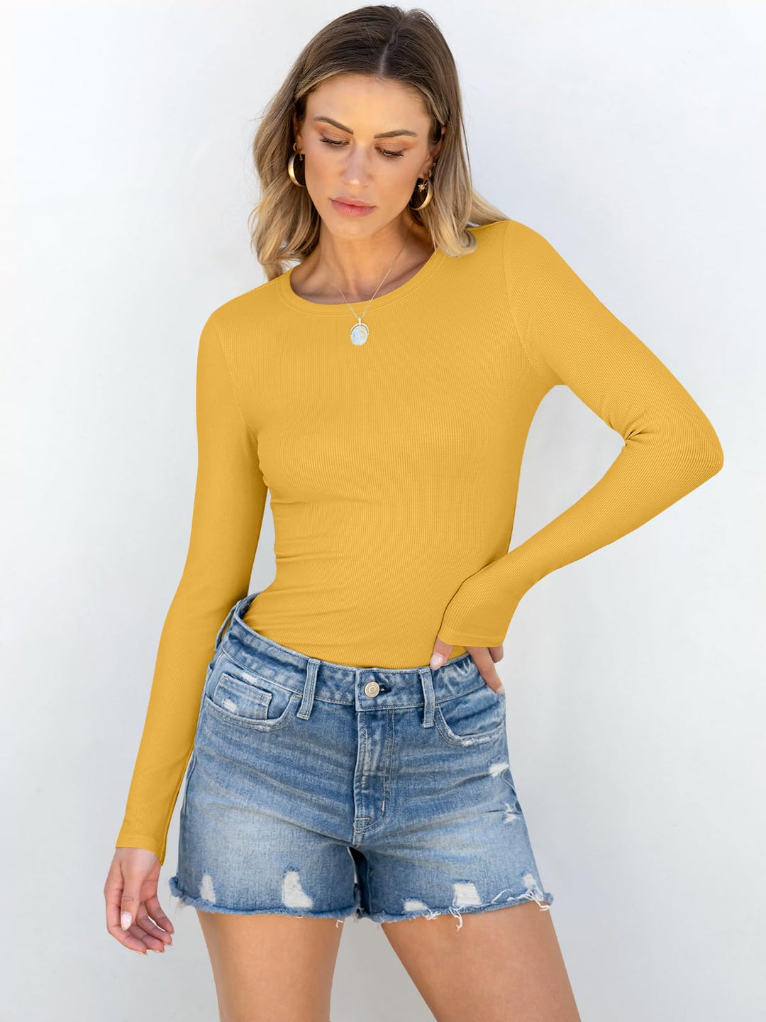 ANRABESS Long Sleeve Shirts for Women Ribbed Knit Slim Fit Basic Tops Crewneck Tees Spring Fall Casual Underscrubs Layer Clothes
