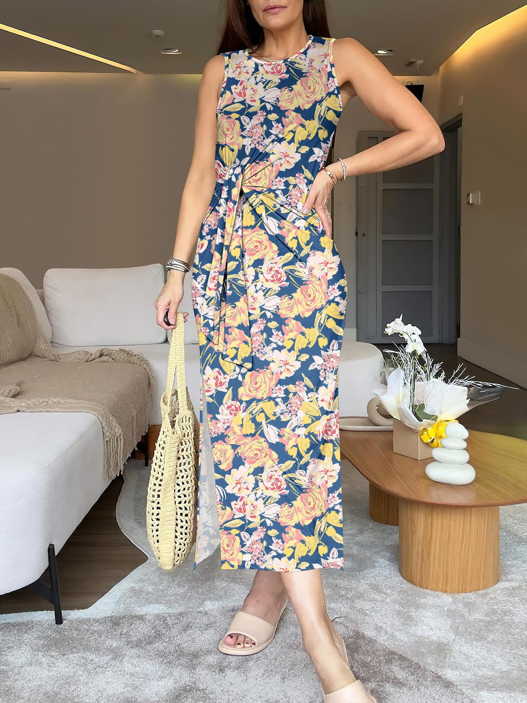 ANRABESS Maxi Dresses for Women 2026 Summer Tie Waist Split Midi Dresses Sleeveless Crewneck Slim Fit Long Tank Dress Casual Travel Beach Tshirt Dress