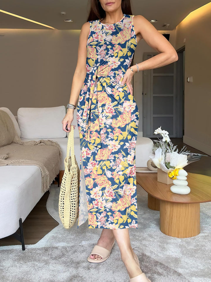 ANRABESS Maxi Dresses for Women 2026 Summer Tie Waist Split Midi Dresses Sleeveless Crewneck Slim Fit Long Tank Dress Casual Travel Beach Tshirt Dress